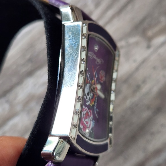 Ed Hardy Womens Watch Purple Leather Skull Butterfly Rose Rhinestone Y2K Quartz main image 6
